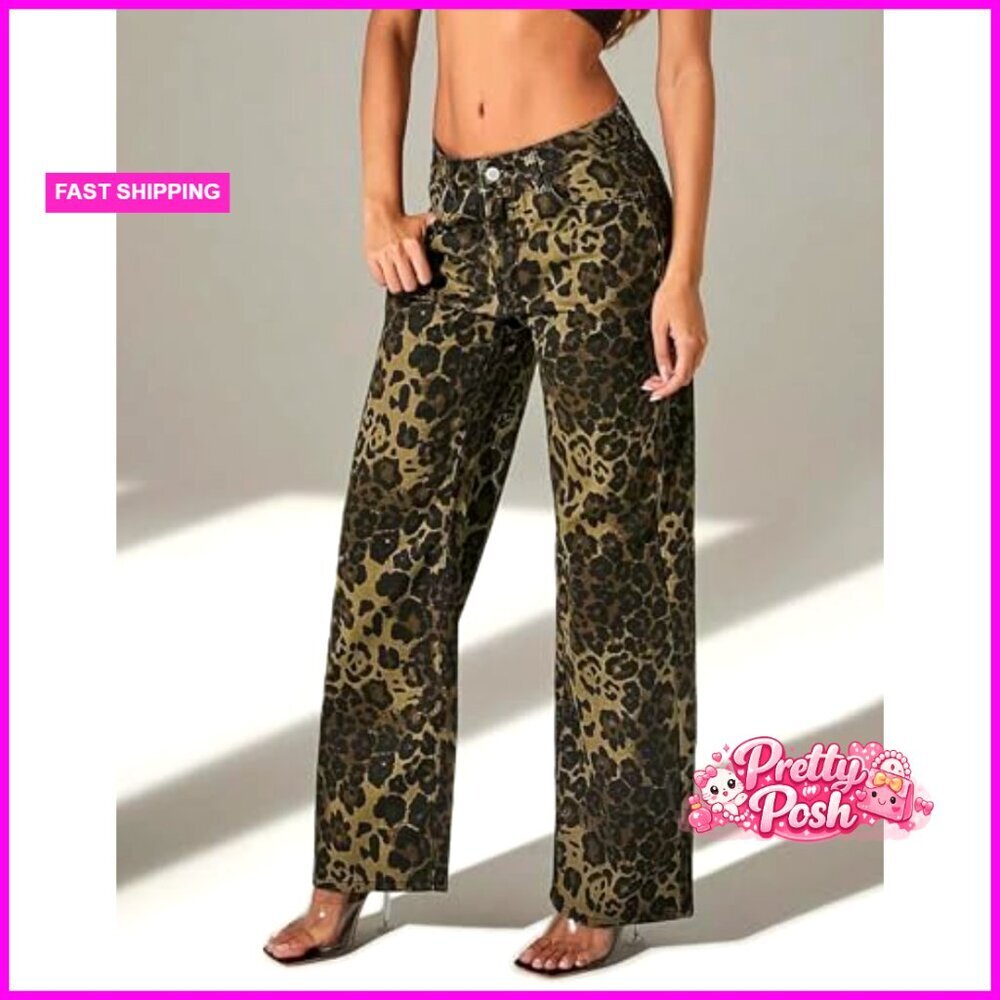 Leopard Print Wide Leg Denim Pants Mid Rise Boyfriend Fit - Picture 5 of 7